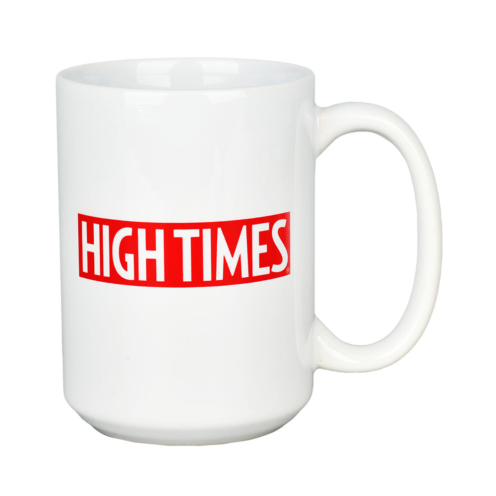High Times Ceramic Mug, 15oz, with bold red logo, front view on a white background