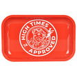 High Times Approved red metal rolling tray, 11"x7", with iconic logo, top view