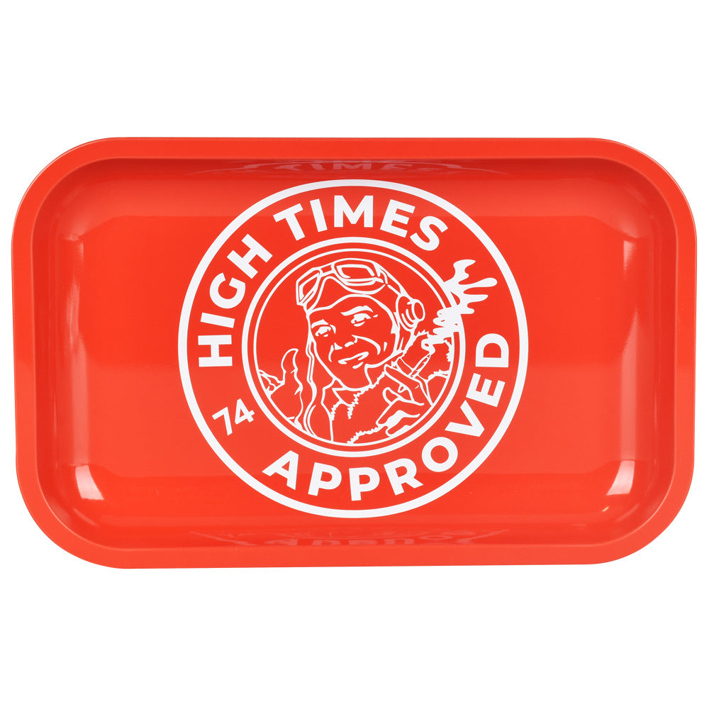 High Times Approved red metal rolling tray, 11"x7", with iconic logo, top view