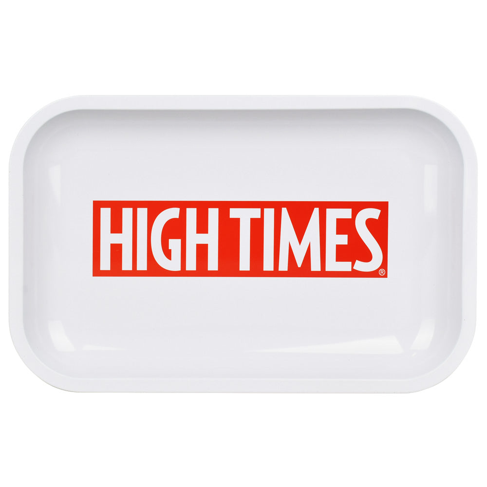 High Times White Metal Rolling Tray 11"x7" Top View, Sturdy with Bold Logo