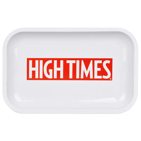 High Times White Metal Rolling Tray 11"x7" Top View, Sturdy with Bold Logo