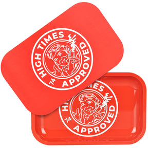 High Times Metal Rolling Tray with Lid, 11"x7", in vibrant red featuring approved seal
