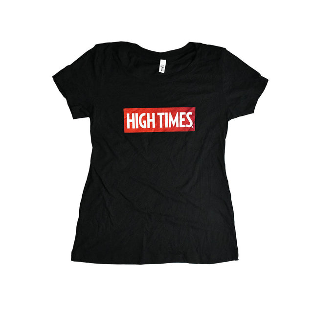 High Times Women's Black Cotton T-Shirt with red logo, front view on white background
