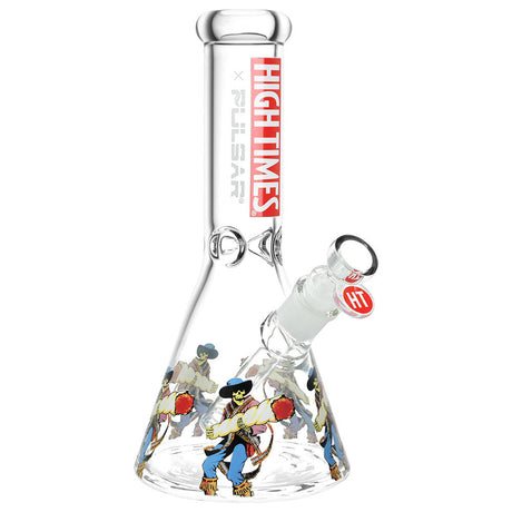 Pulsar High Times Beaker Water Pipe with Cowboy Design, Clear Borosilicate Glass, 10.5" Height, Front View