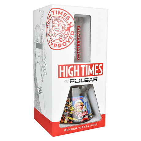 Pulsar x High Times Beaker Water Pipe in packaging, clear glass, 10.5" height, 14mm joint