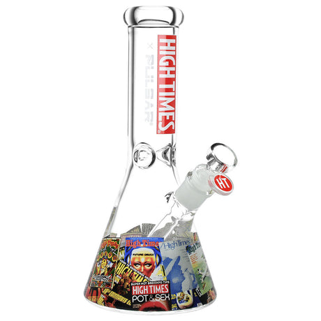 Pulsar High Times Beaker Water Pipe with Magazine Cover Design, 10.5" Height, Front View on White Background