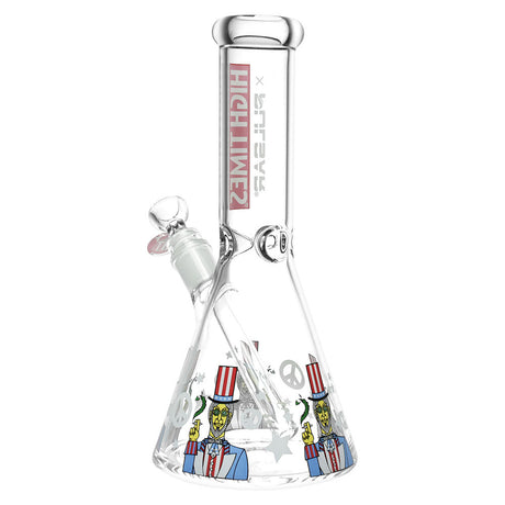 Pulsar Beaker Water Pipe with High Times Uncle Sam Design, 10.5" Height, Clear Borosilicate Glass, Front View