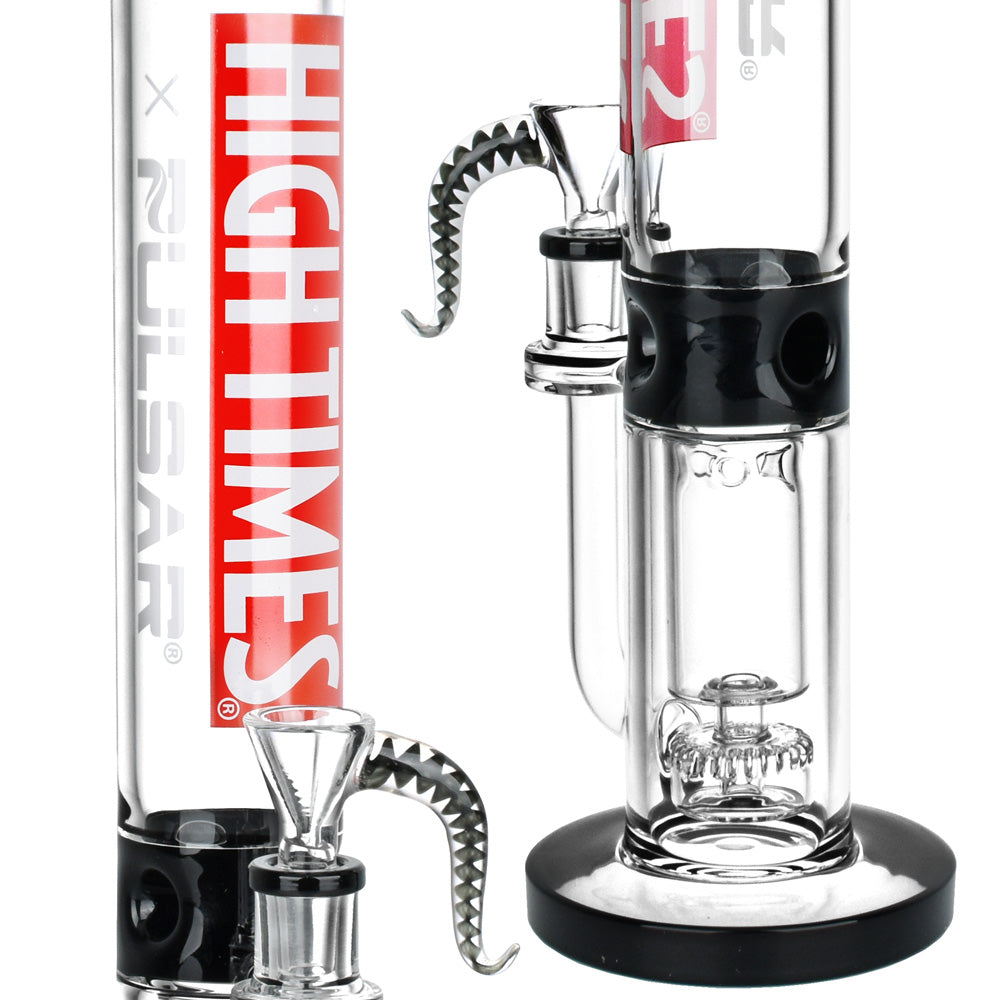 Pulsar x High Times Logo Straight Tube Recycler Bong, Clear, 14.75" with Disc Percolator