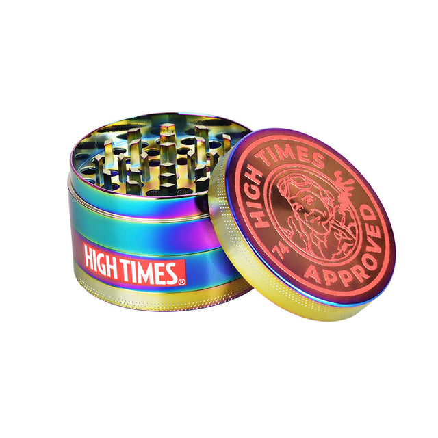 High Times Metal Grinder, 4-piece, 2.5 inch, Chameleon finish, displayed open with lid