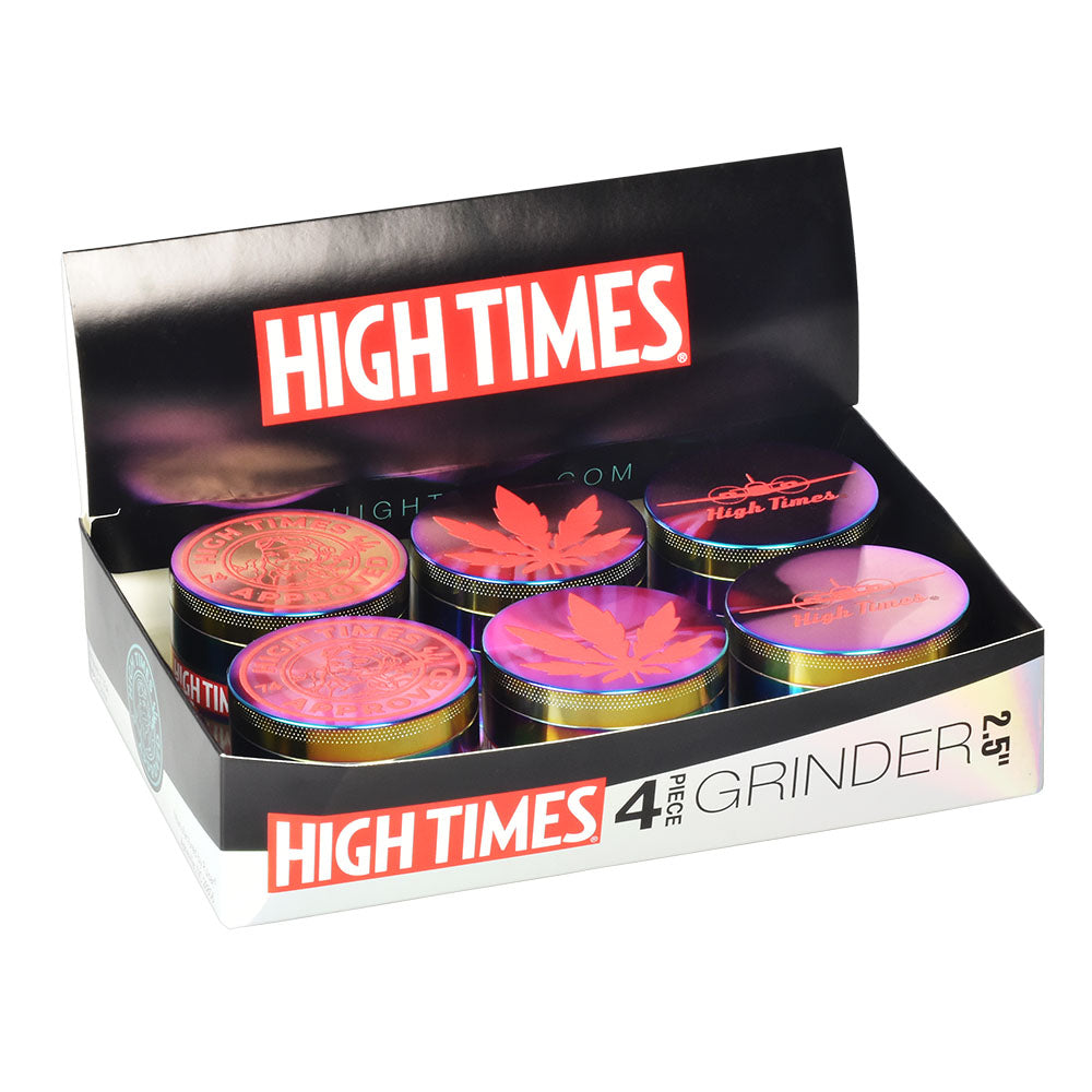 High Times Metal Grinders display box with 4-piece chameleon grinders, 2.5" size, front view