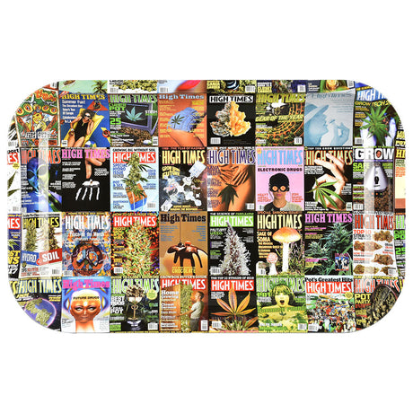 Pulsar x High Times Metal Rolling Tray with Colorful Magazine Covers Collage, 11" x 7" Top View