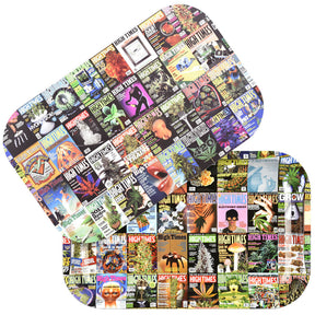 Pulsar x High Times Metal Rolling Tray with Lid featuring a collage of magazine covers, 11" x 7" size