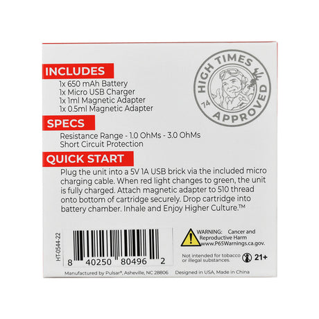 High Times x Pulsar Obi Auto-Draw Vape Battery packaging with specs and contents