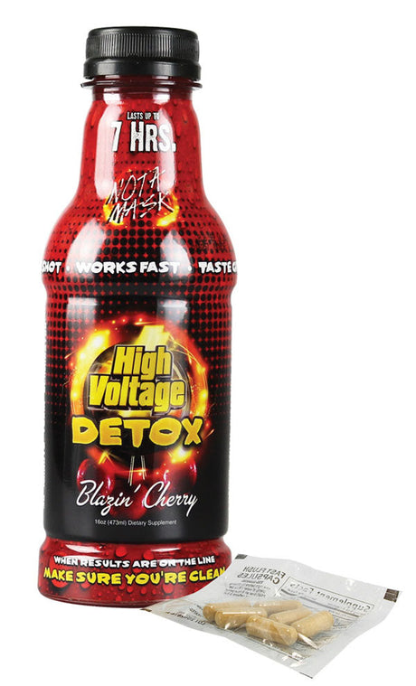 High Voltage Detox Double Flush 16oz Blazin' Cherry flavor with capsules, front view on white background