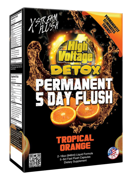 High Voltage Detox 5 Day Flush in Tropical Orange flavor, front view with vibrant packaging