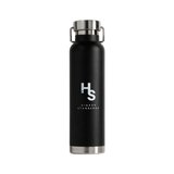 Higher Standards black steel canteen with logo, front view on a white background