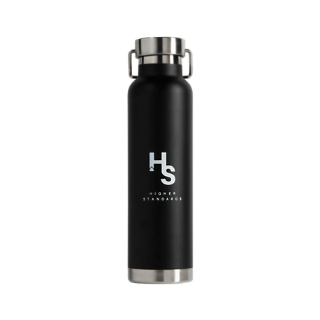 Higher Standards black steel canteen with logo, front view on a white background