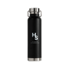 Higher Standards black steel canteen with logo, front view on a white background