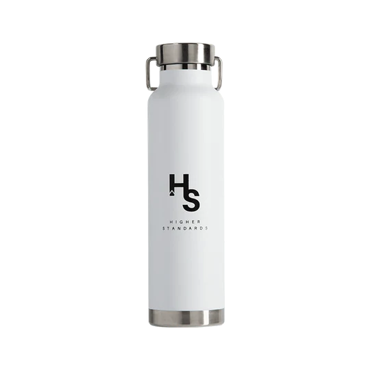 Higher Standards Steel Canteen in White with Black Logo, Front View, Durable and Leakproof