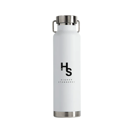 Higher Standards Steel Canteen in White with Black Logo, Front View, Durable and Leakproof