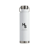 Higher Standards Steel Canteen in White with Black Logo, Front View, Durable and Leakproof