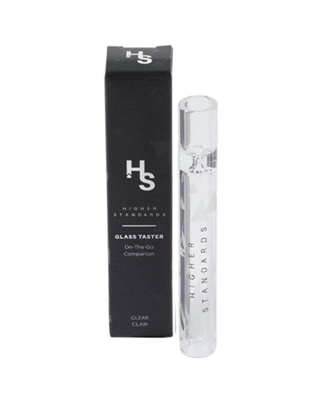 Higher Standards Glass Taster Chillum - Clear Borosilicate, Front View with Packaging