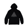 Higher Standards Hoodie in black with concentric triangle design, front view on a seamless white background