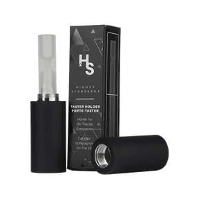 Higher Standards Taster Holder in black, portable aluminum design with silicone grip, front view on white background