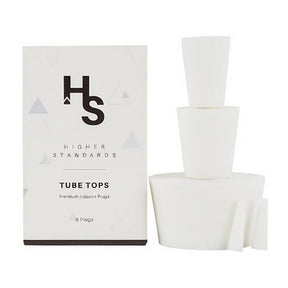 Higher Standards Tube Top Silicone Stoppers, Pack of 6, Black, displayed in front of packaging