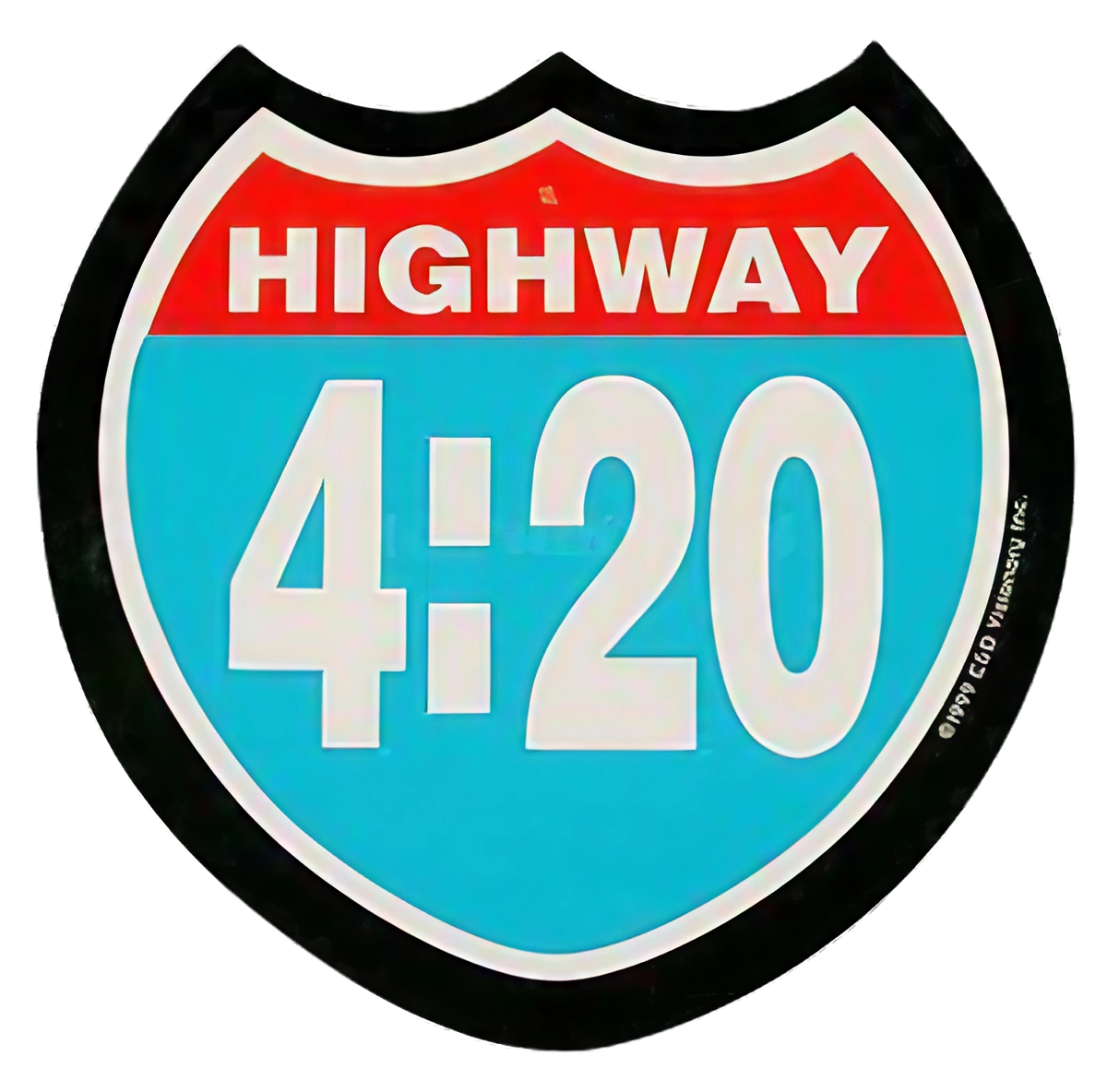 Highway 420 shield-shaped sticker with vibrant colors, perfect for novelty gift, 4" x 4" size
