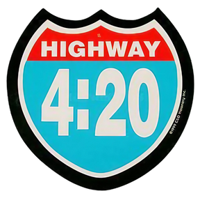 Highway 420 shield-shaped sticker with vibrant colors, perfect for novelty gift, 4" x 4" size