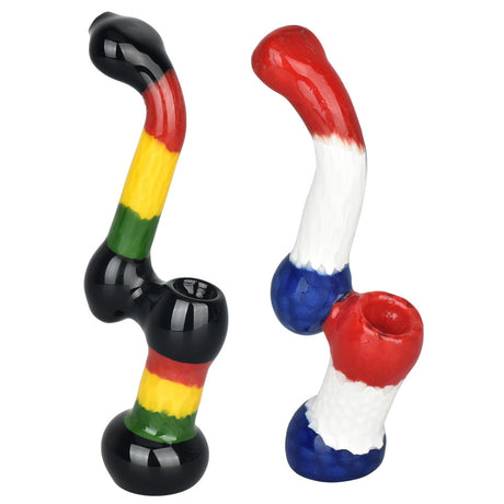 Colorful Hip Honeycomb Sherlock Bubbler Pipes in Borosilicate Glass, Front and Side Views