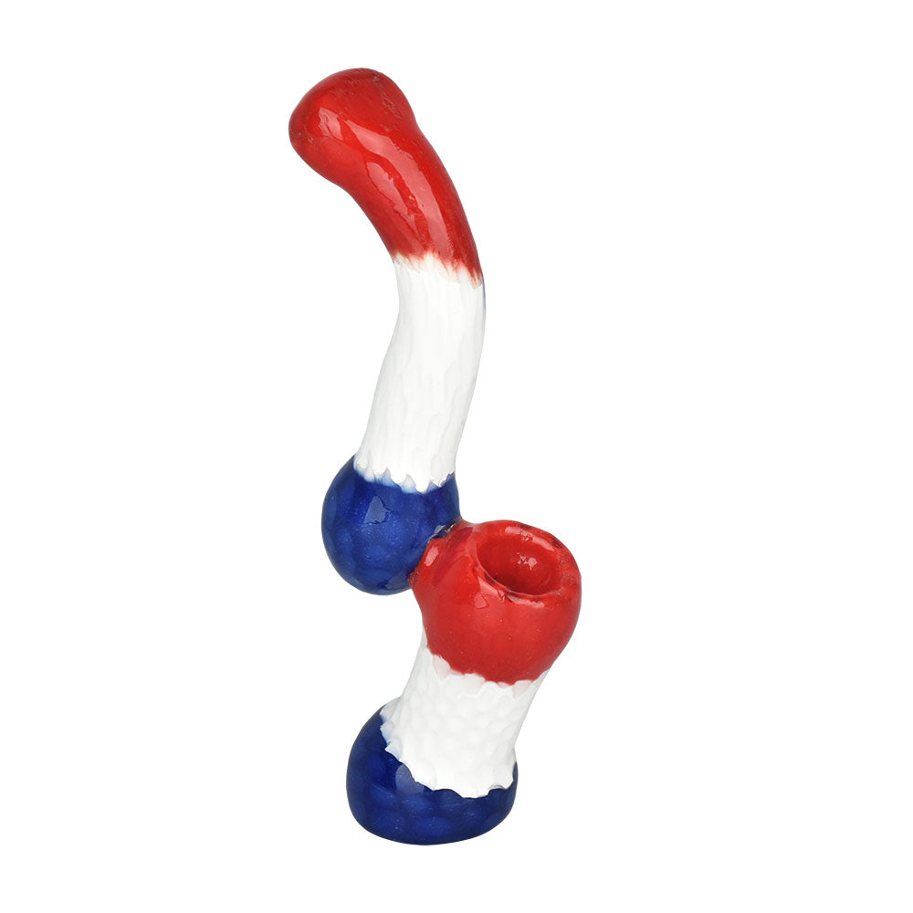6.5" Hip Honeycomb Sherlock Bubbler Pipe in Borosilicate Glass, Red White Blue Design, Front View