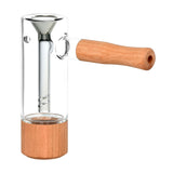 Honey Labs Afterswarm Bubbler, clear borosilicate glass with wooden handle, side view