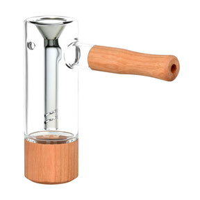 Honey Labs Afterswarm Bubbler, clear borosilicate glass with wooden handle, side view