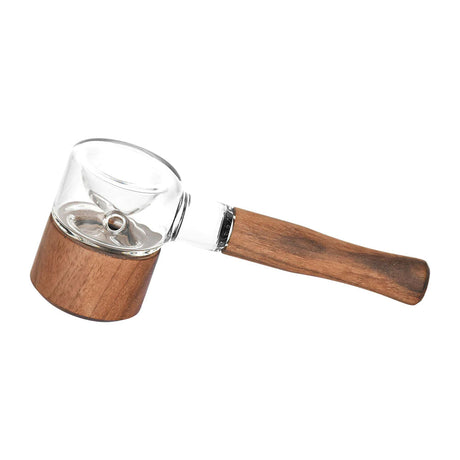 Honey Labs AfterSwarm Spoon Pipe with clear borosilicate glass bowl and wooden handle - side view