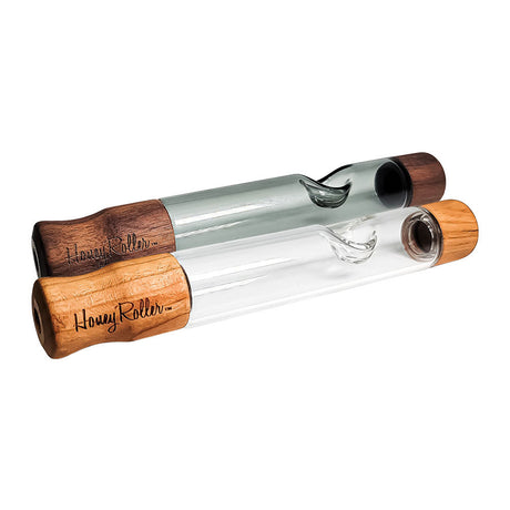 Honey Labs Honey Roller Steamroller with clear glass and wood accents, 5.75" length - side view