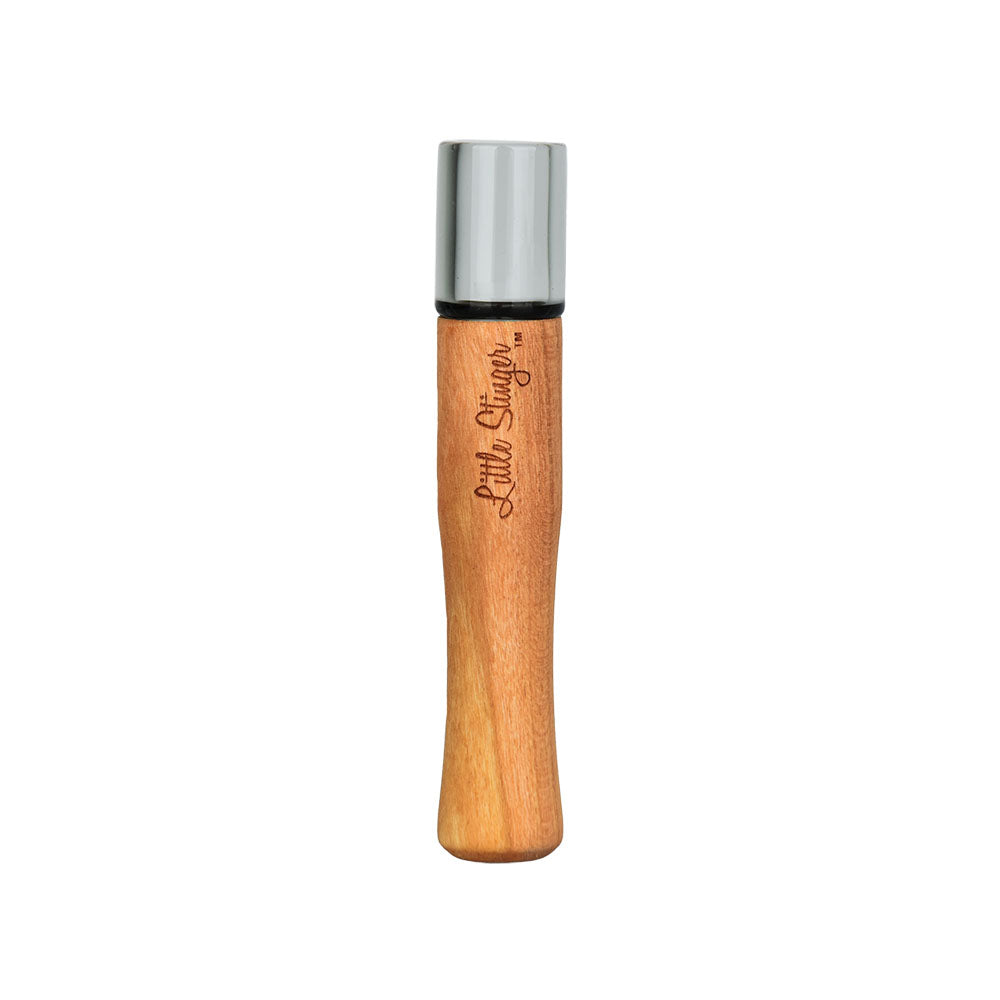 Honey Labs Little Stinger Chillum, clear glass and wood, compact 3.5" design, front view on white background