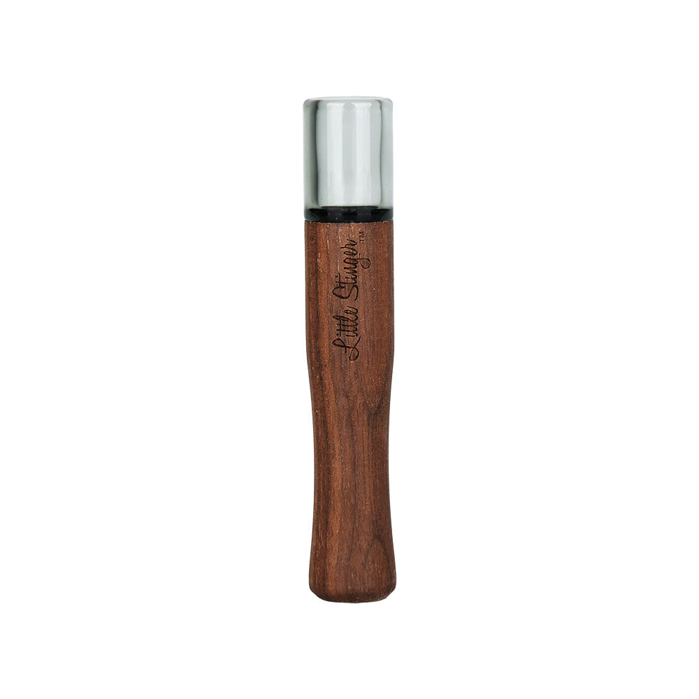 Honey Labs Little Stinger Chillum, clear glass and wood design, 3.5" length, front view on white background
