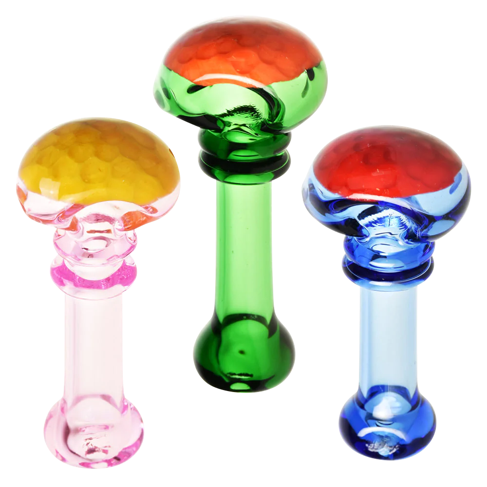 Trio of Honeycomb Dipped Glass Spoon Pipes in pink, green, and blue with thick borosilicate glass