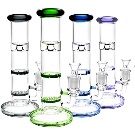 Variety of Honeycomb & Turbine Perc Water Pipes with Color Accents, 9" Tall, Side View