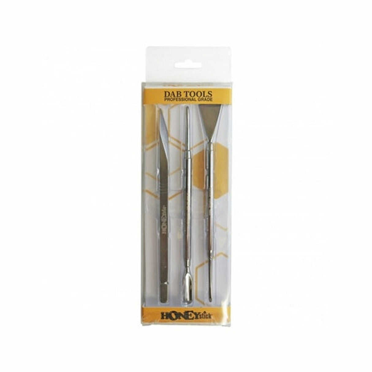 HoneyStick 3-piece Professional Dab Tool Set in packaging, front view, stainless steel