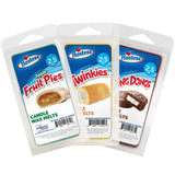 Hostess Cakes scented soy wax melts in Fruit Pie, Twinkie, and Ding Dong variants, front view