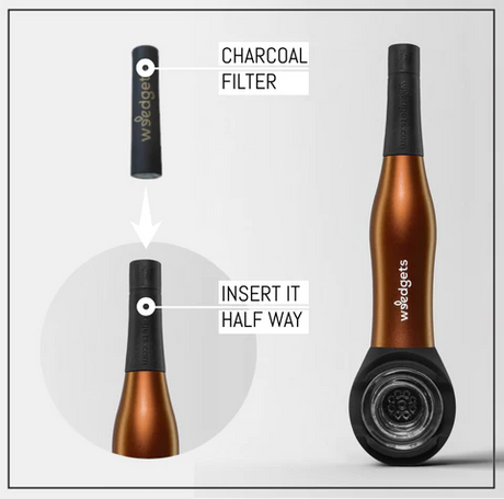 Weedgets Maze-X Pipe in bronze with cough-less technology, showing charcoal filter and compact design