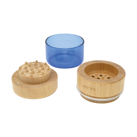 RAW Pressed Wood Grinder beside Glass Jar - 65mm Magnetic Herb Grinder with fine teeth