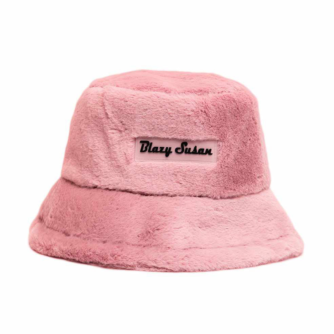 Blazy Susan Fuzzy Bucket Hat in Pink - Front View on White Background