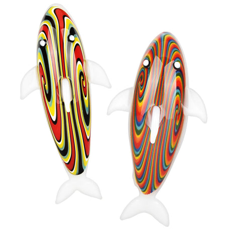 Dolphin-shaped glass hand pipes with colorful wig wag spiral design, front view, 5.25 inches long
