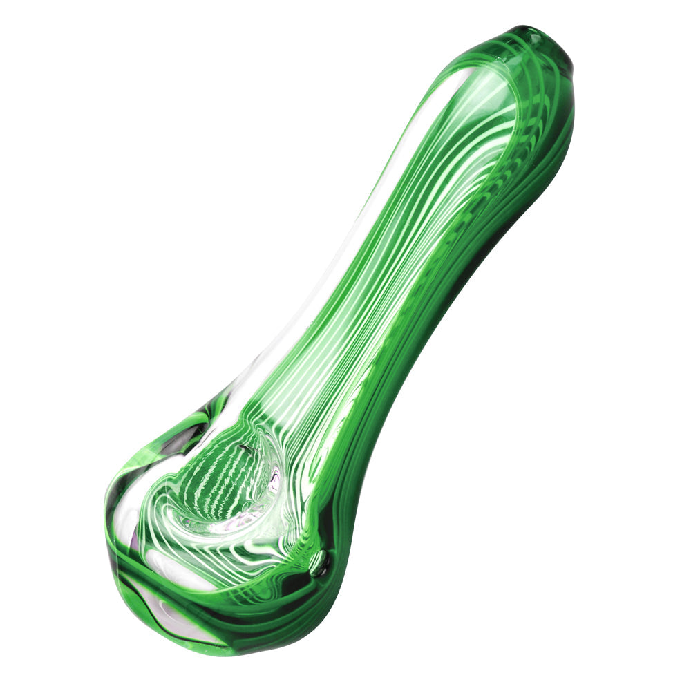 Hypnotizing Spoon Pipe in Green with Swirl Design - Borosilicate Glass - Side View