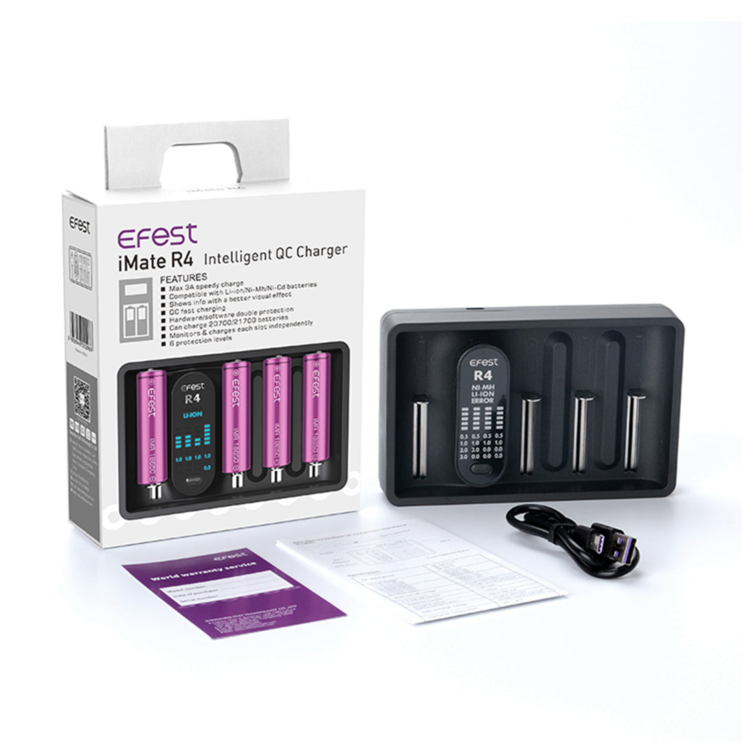 Efest Imate R4 intelligent QC battery charger for vaporizers, front view with box and accessories