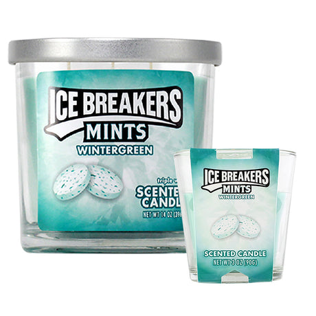 Ice Breakers Wintergreen Scented Candle 3 oz, blue soy wax blend in clear jar, compact design